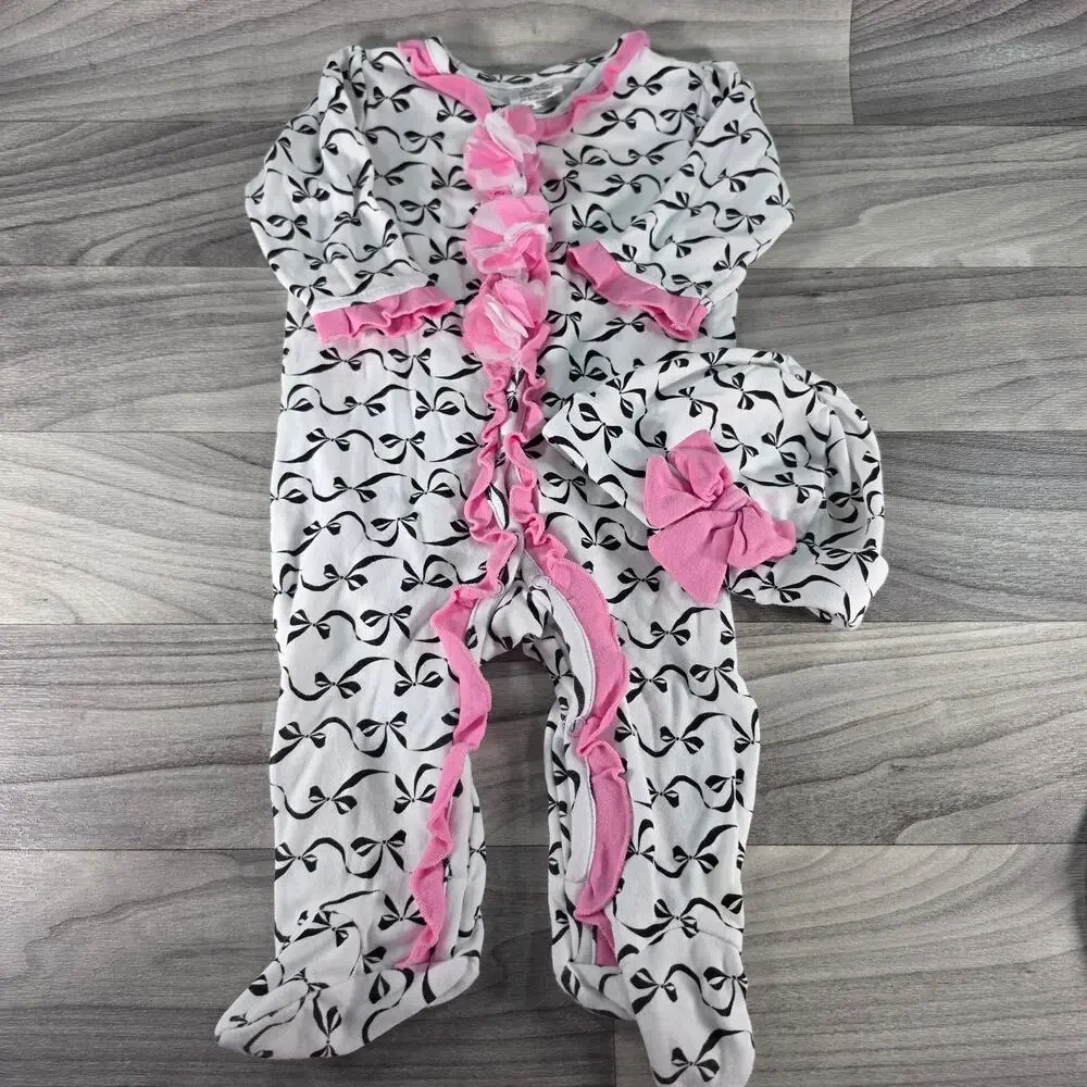 Baby Essentials Bow Footie Sleeper Hat Set Pink White Ruffle Flower 6M EUC